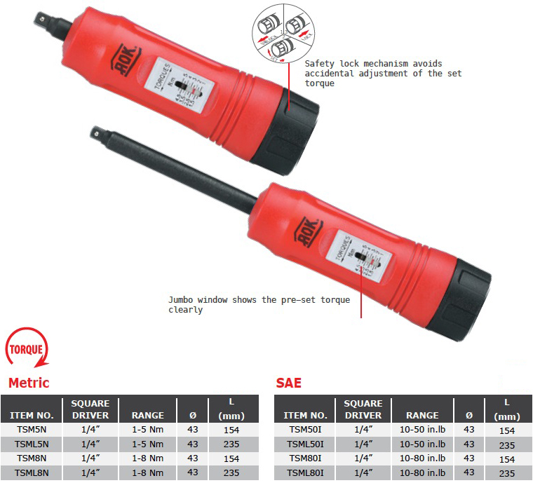 Adjustable Torque Screwdrivers, TSM A.O.K. INDUSTRIAL CO.