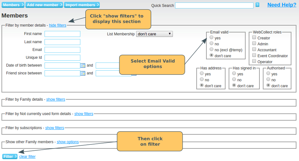 How can I find the members with invalid email addresses?