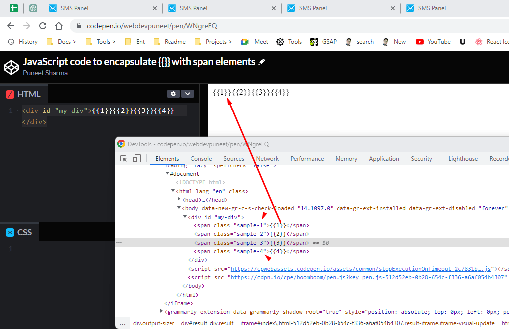 JavaScript code to encapsulate {{}} with span elements JavaScript