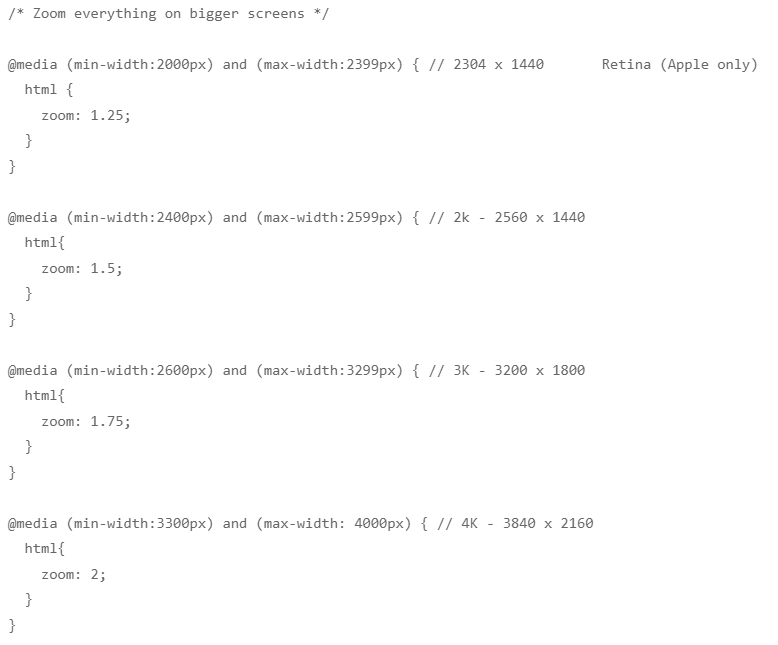Zoom everything on bigger screens CSS Media queries CSS
