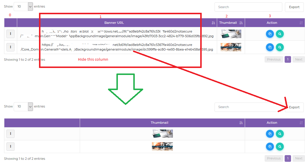 Javascript datatable add hidden column and export