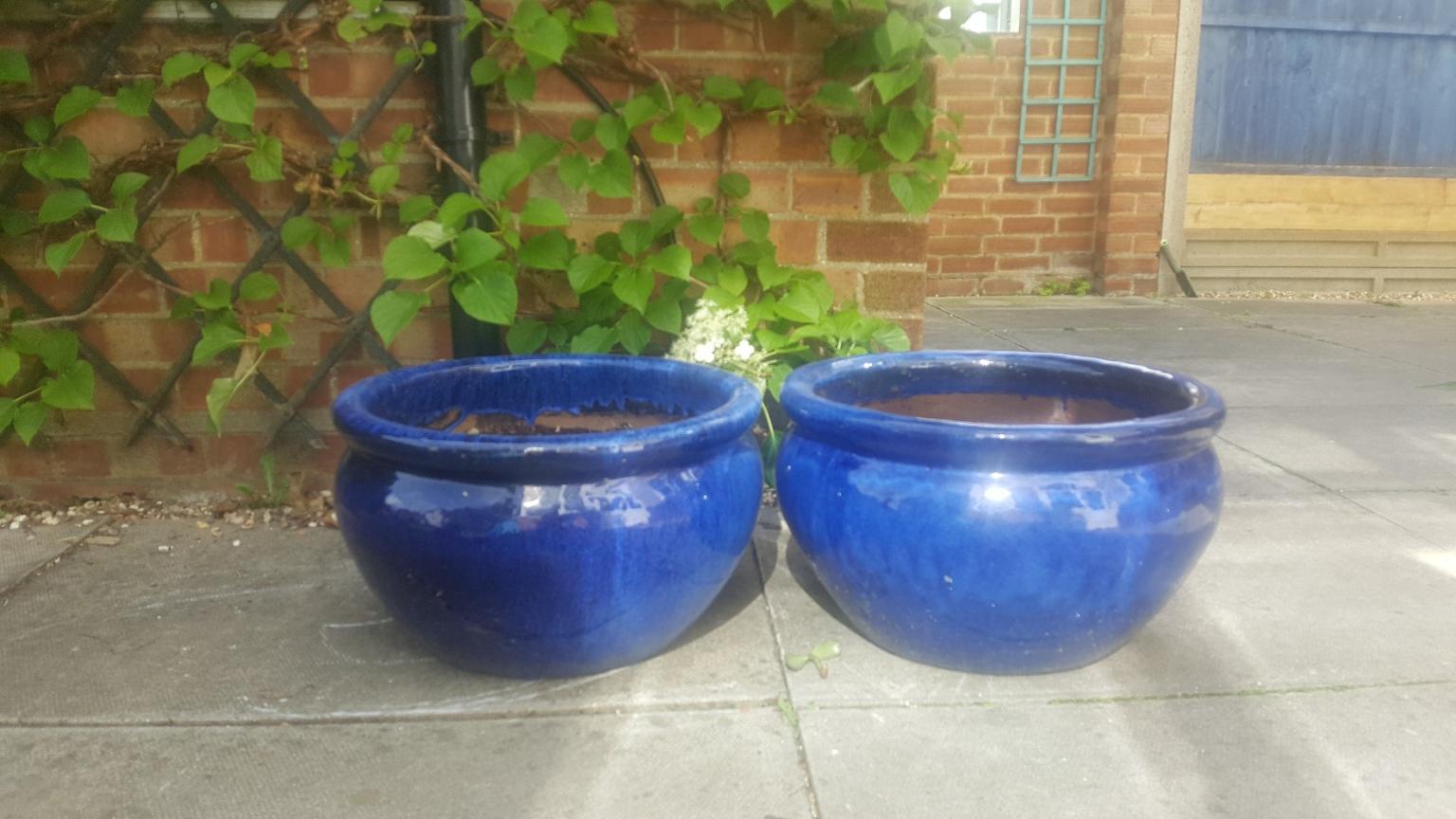 Two large blue garden pots glazed in MK41 Castle for £34.00 for sale