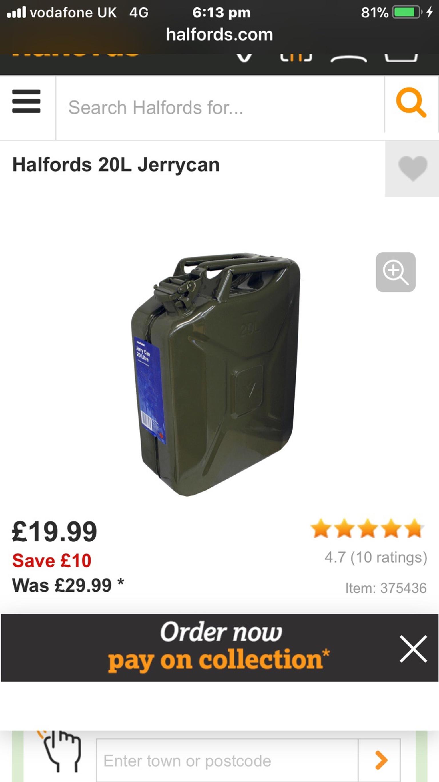 2 X 20L HALFORDS PETROL JERRYCANS in WA2 Winwick for £12.50 for sale