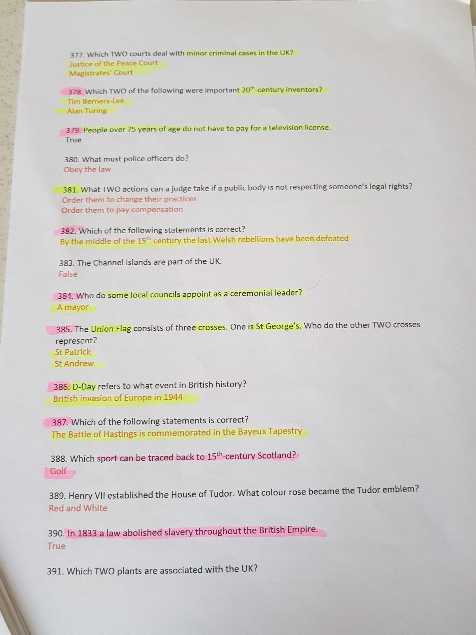 Life in UK Test Q&A sheets 36 pages in W7 London for £10