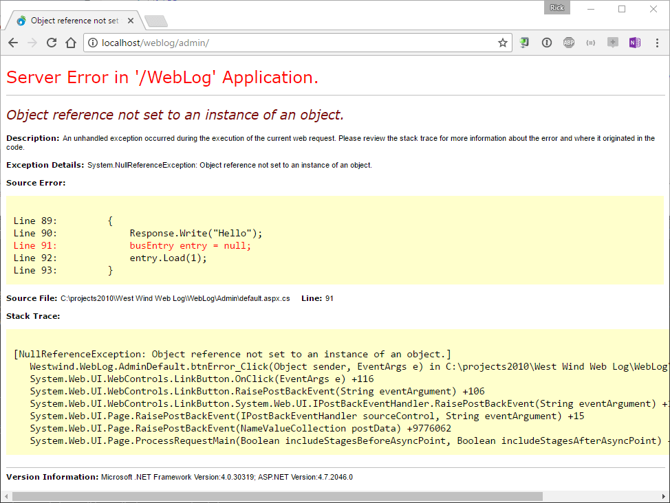 Bypassing IIS Error Messages in Rick Strahl's  Log