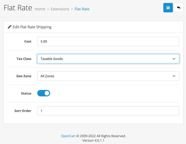 Set free, flat rate, per item shipping, pick from a store in Opencart