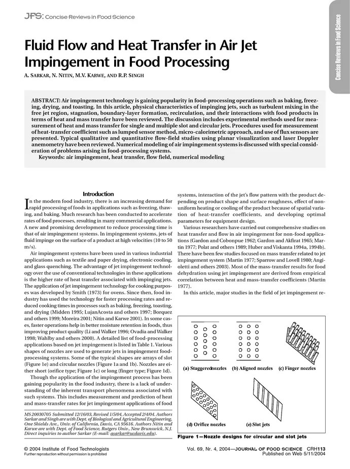 Fluid flow and heat transfer in air jet impingement in food processing