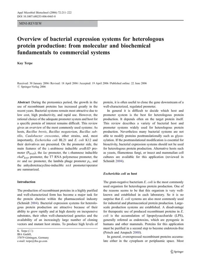 Overview of bacterial expression systems for heterologous protein