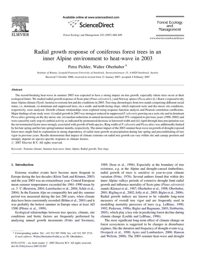 Radial growth response of coniferous forest trees in an inner Alpine