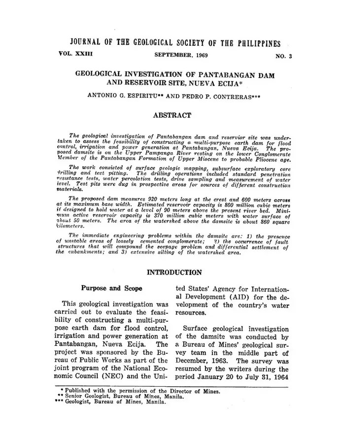 Geological investigation of Pantabangan dam and reservoir site, Nueva Ecija