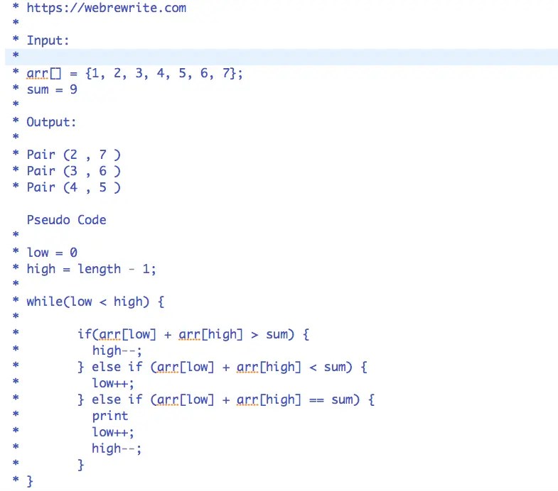Find Pairs with Given Sum in a Sorted Array Java Code