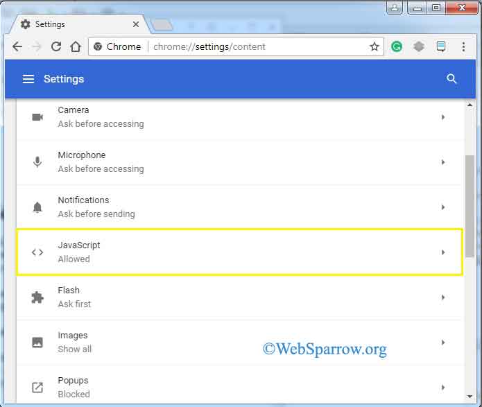 How to enable and disable JavaScript in Chrome? Websparrow