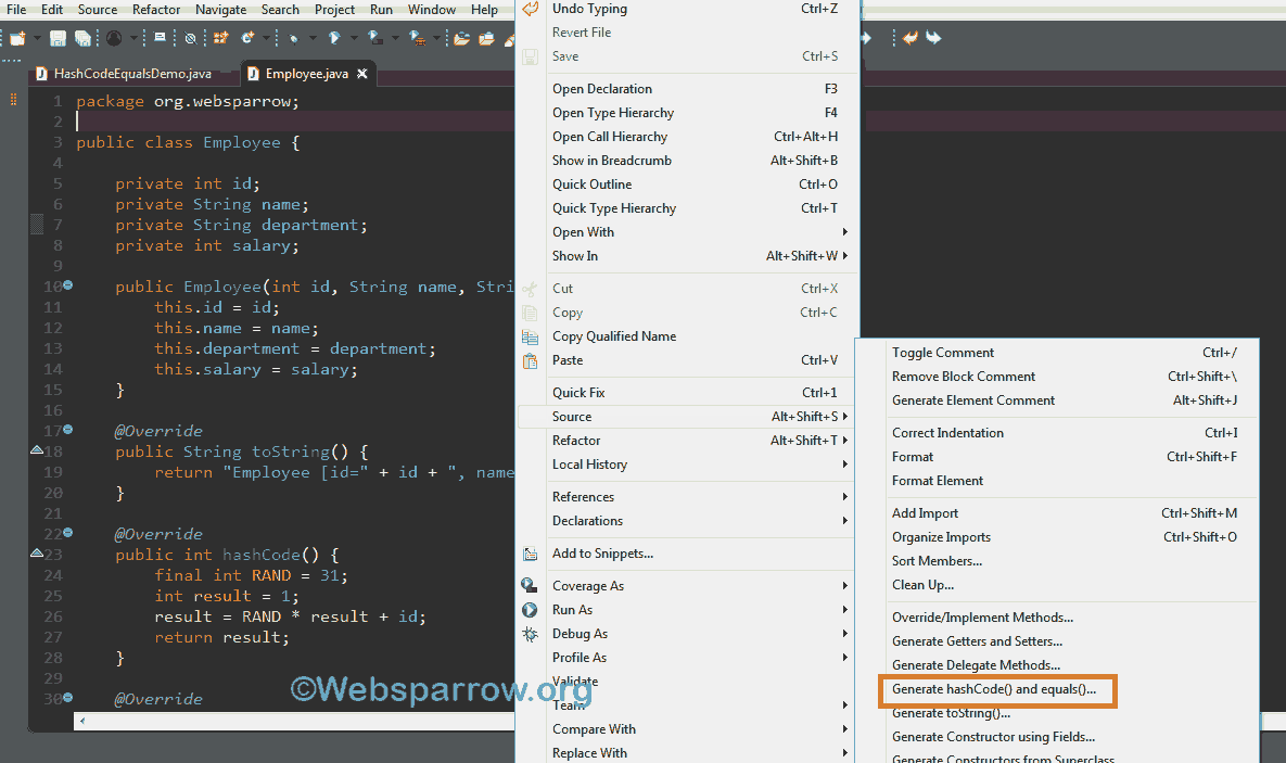 Java hashCode() and equals() methods example sparrow