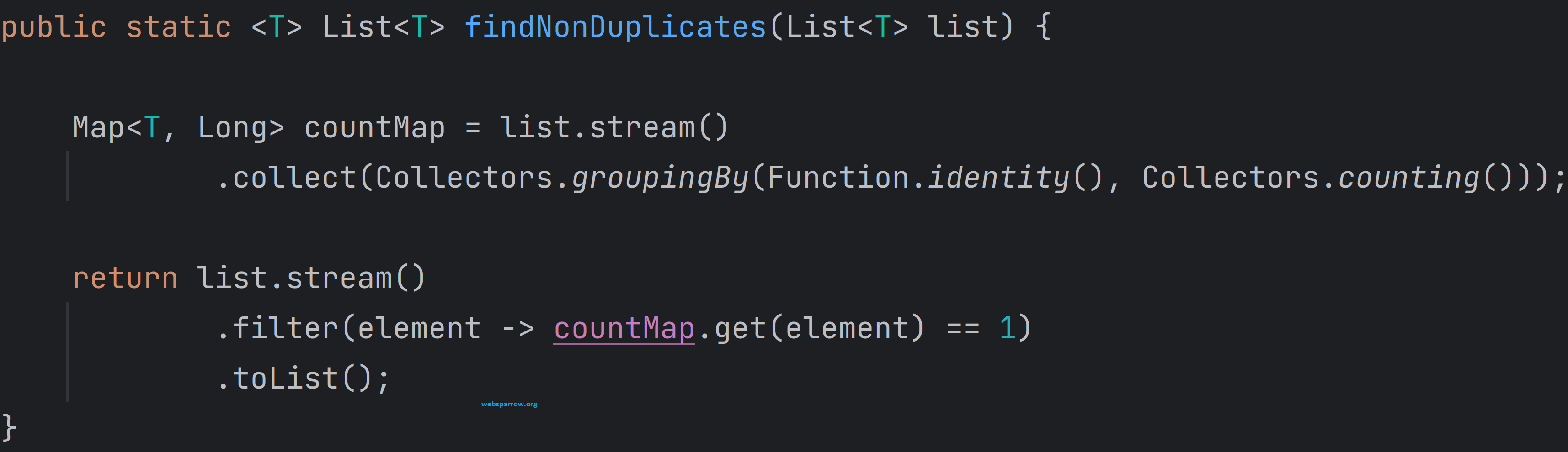 Java 8 Find Non Duplicate Elements from List sparrow