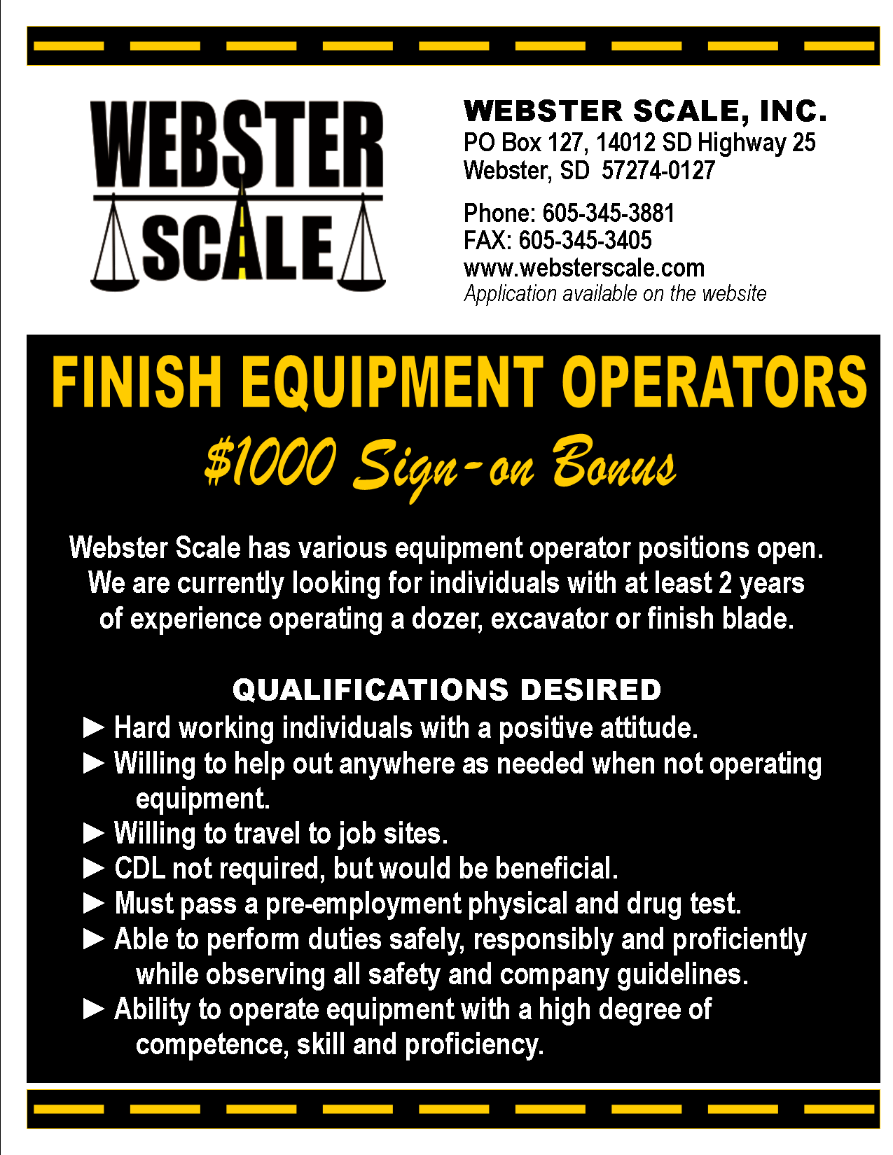 Join Our Team! Employment ster Scale Inc. ster South Dakota