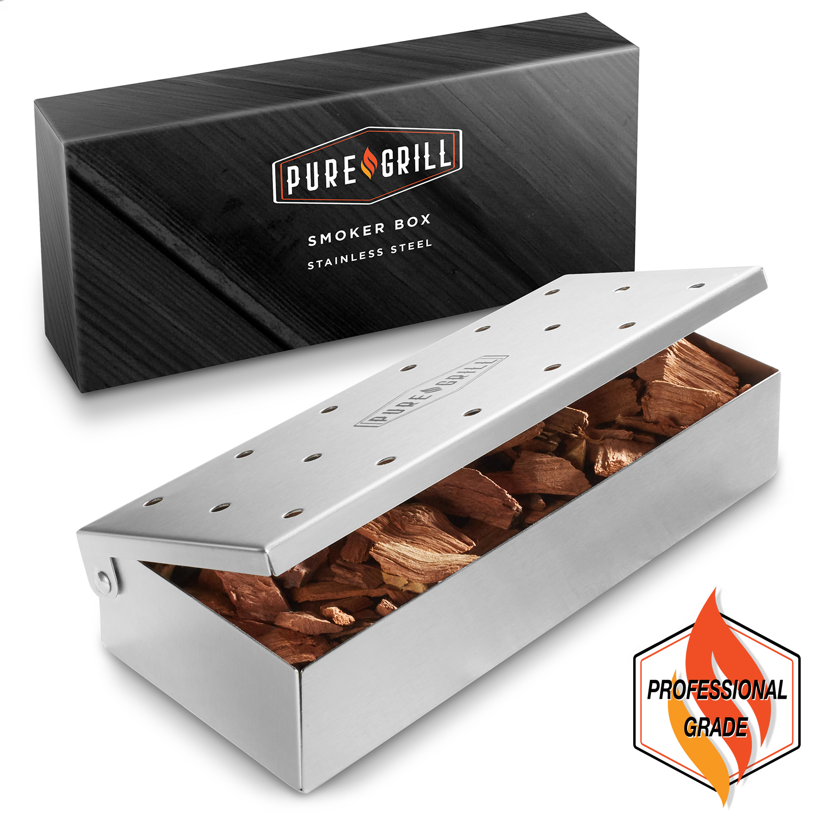 Stainless Steel BBQ Grill Smoker Box for Wood Chips, Hinged Lid