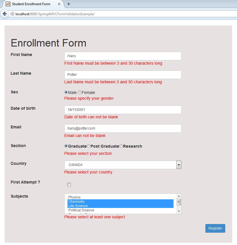 Spring 4 MVC Form Validation and Resource Handling (Annotations