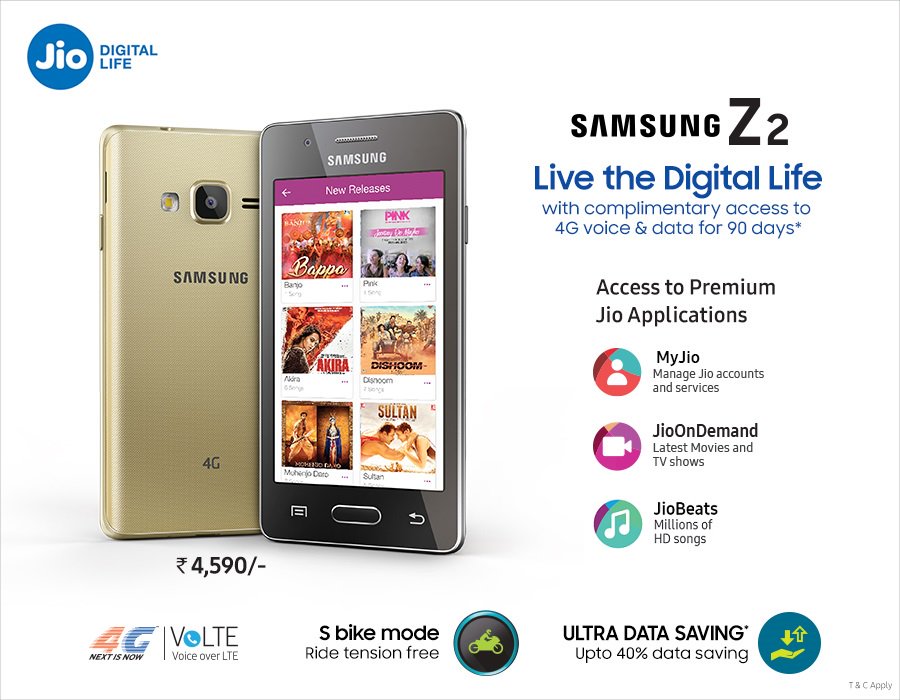 Samsung launches Tizen powered Z2 with 4G VoLTE and JIO