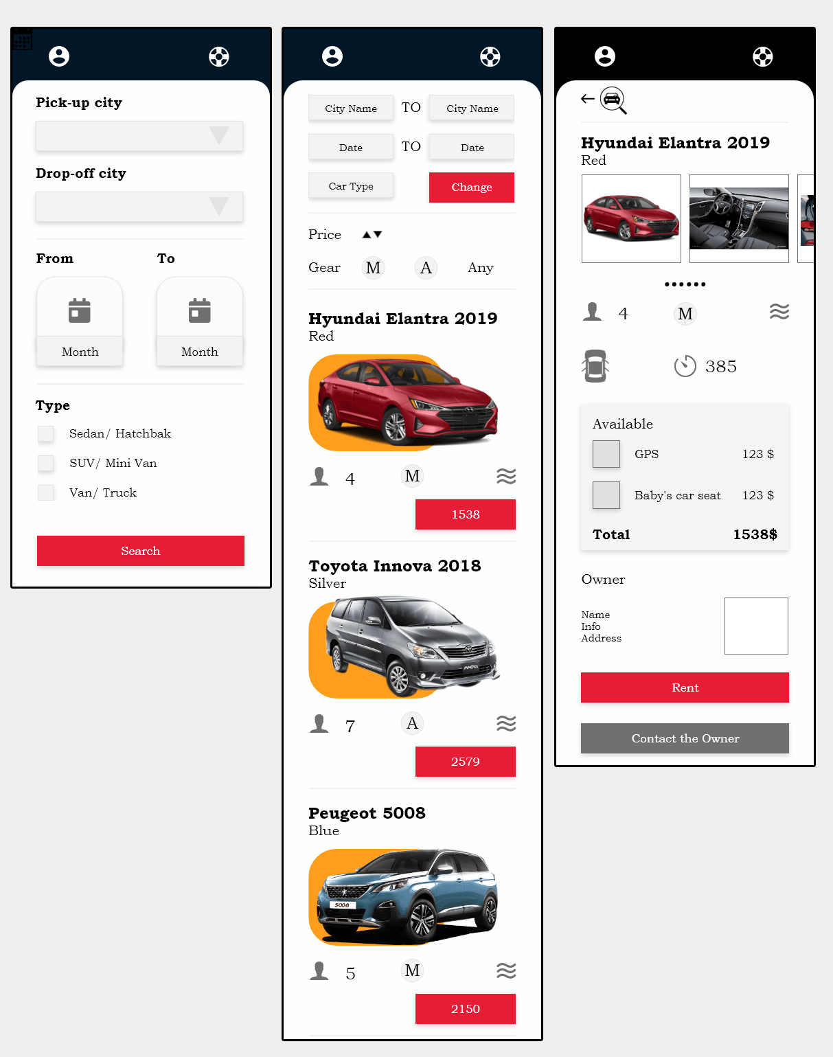 Car renting UX/ UI mobile app concept Unicorn