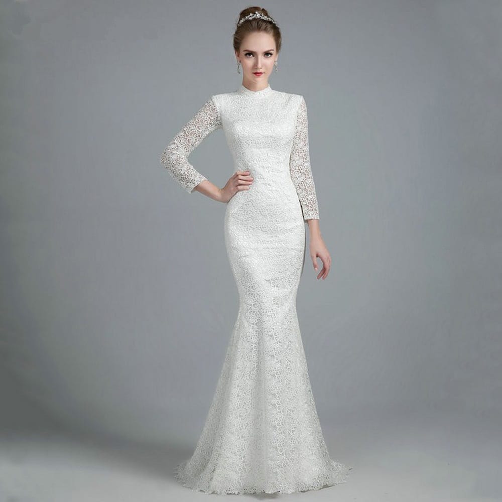 White Vintage Lace High Neck Long Sleeves Mermaid Wedding Dress