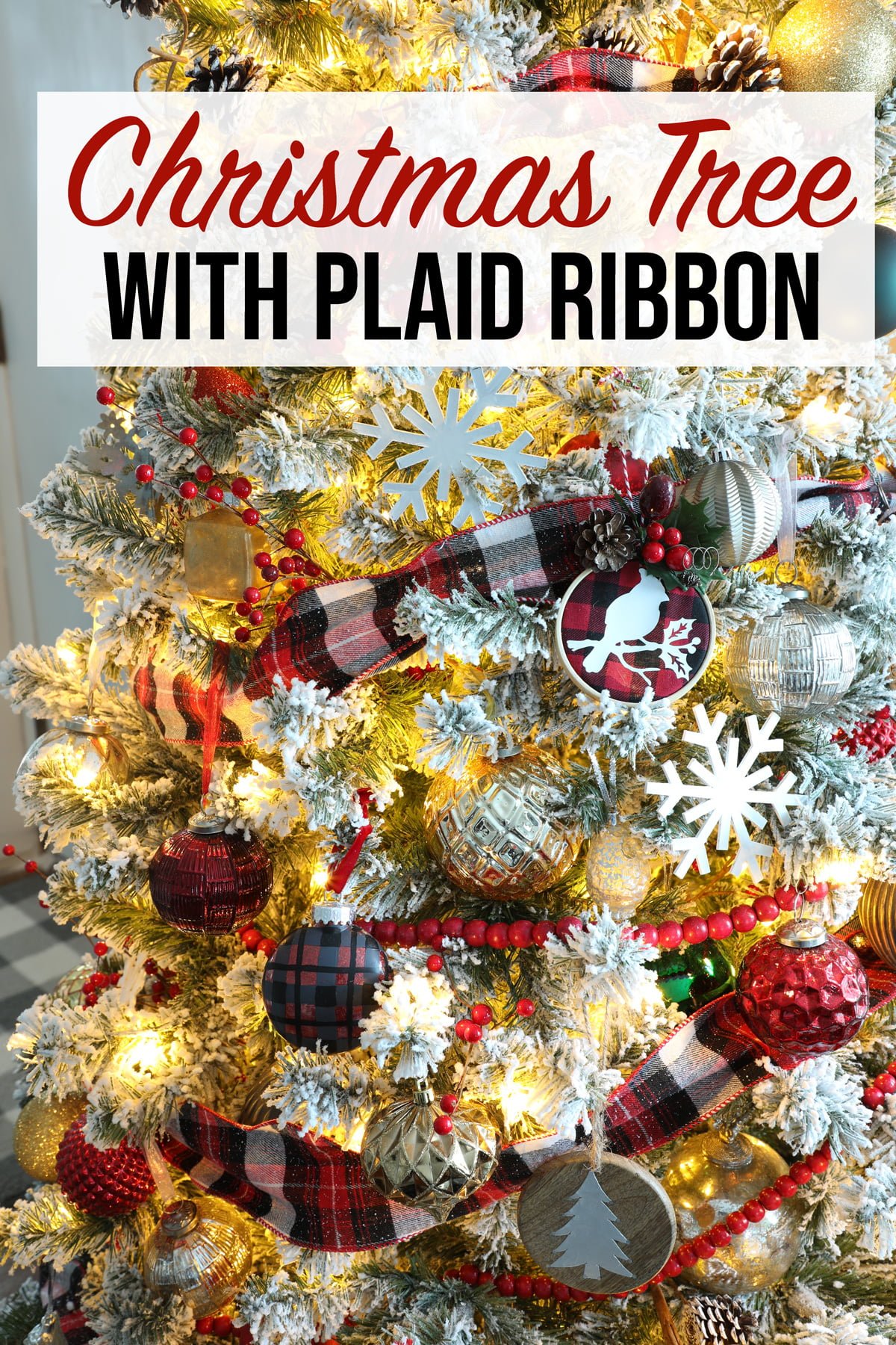 A Flocked Christmas Tree with Plaid Ribbon Weekend Craft