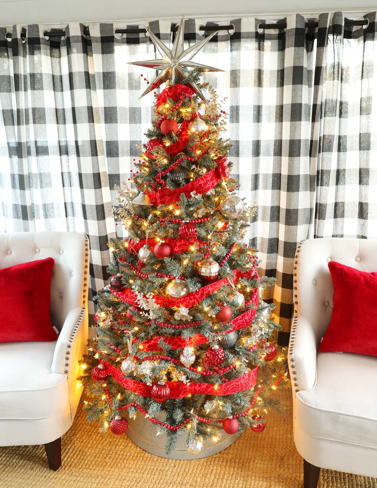 Christmas Trees Decorated With Red Ribbon
