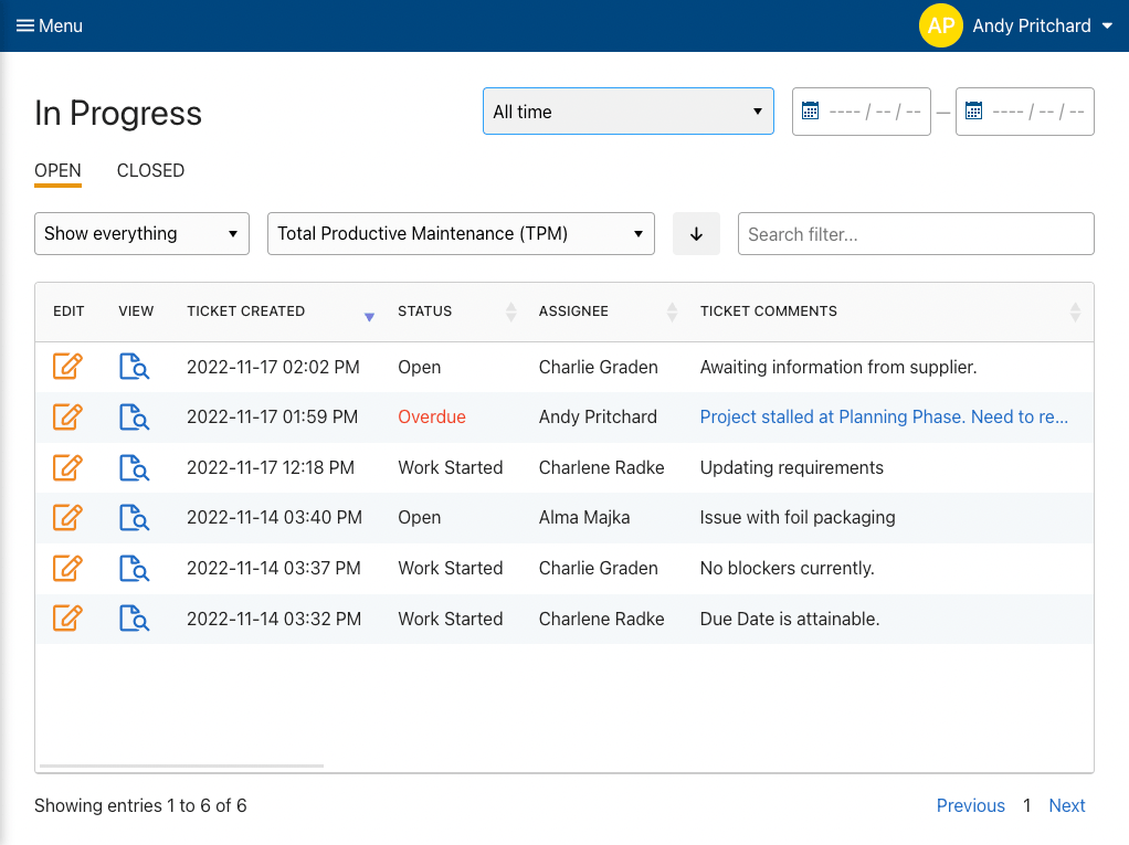 In Progress Early Equipment Management TPM workflow management software
