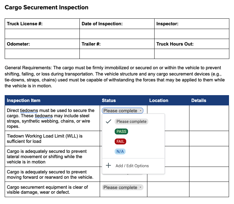 Cargo Securement Inspection Template Weever