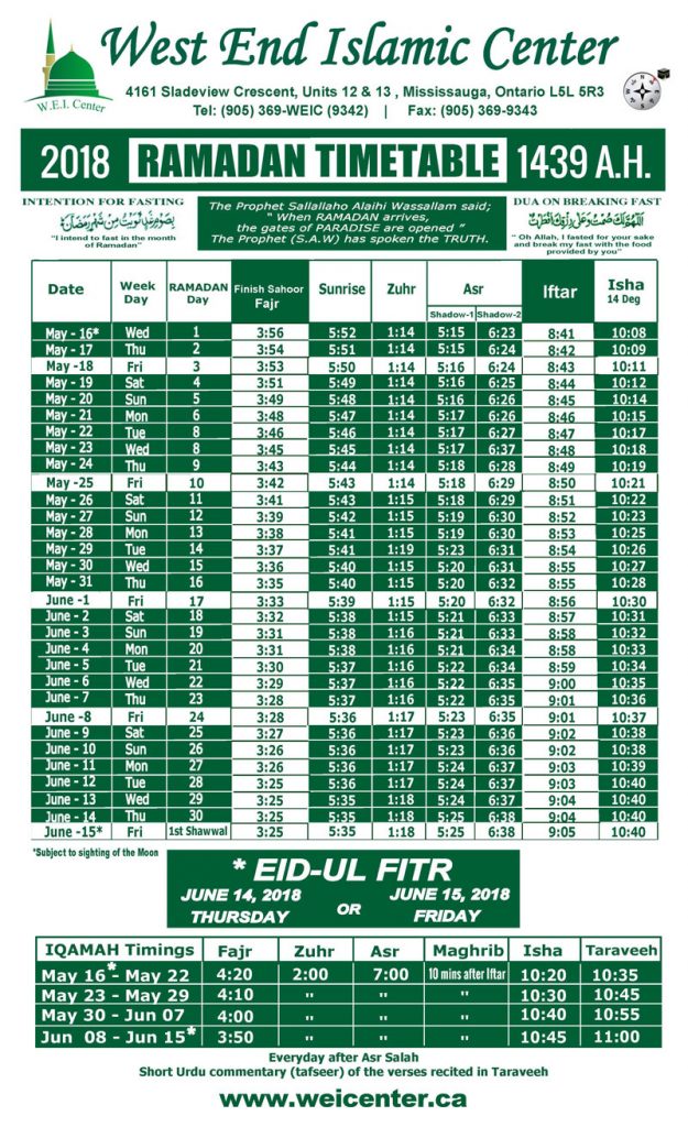 Ramadan Timetable 2018 West End Islamic Center Mississauga