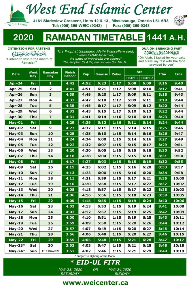 Ramadan Timetable 2020 West End Islamic Center Mississauga