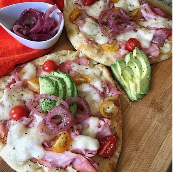 Hot Ham & Cheese Flatbreads with Cherry Tomatoes, Marinated Onions
