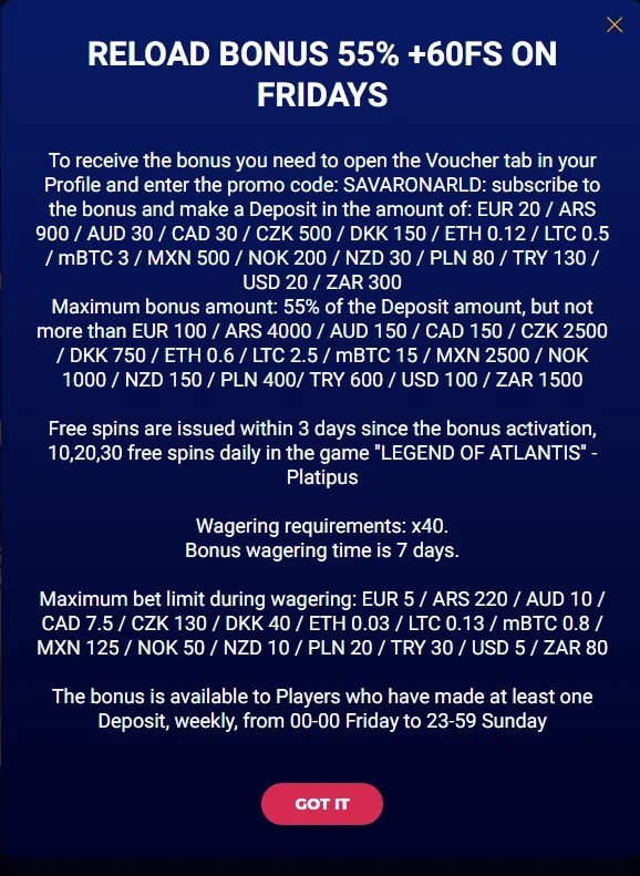 ⭐ Savarona Casino 60 Free Spins + 55 Fridays Reload Bonus