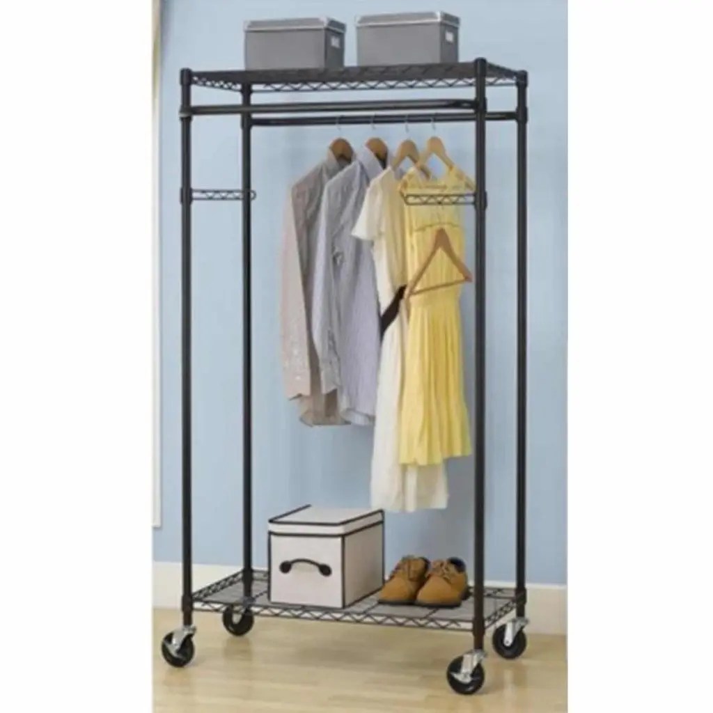 Sturdy Adjustable Double Steel Wire Garment Rack with 2 Shelves