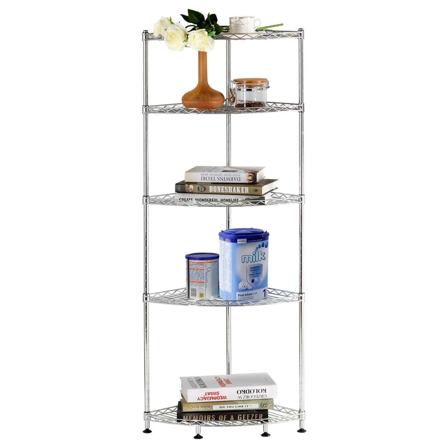 Cheap 5 Tiers Livingroom Storage Wire Metal Corner Shelf Rack Unit