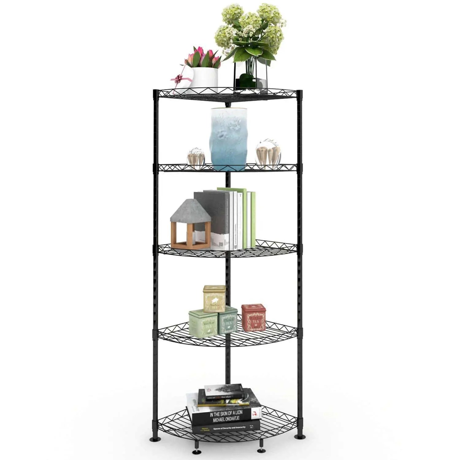 Cheap 5 Tiers Livingroom Storage Wire Metal Corner Shelf Rack Unit