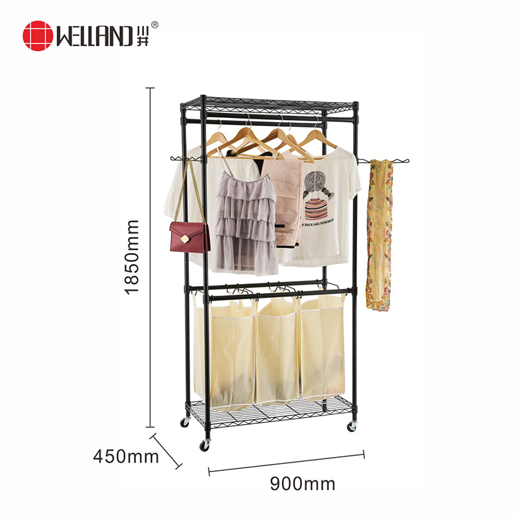 3 compartment laundry sorter hamper metal clothes hanging garment rack