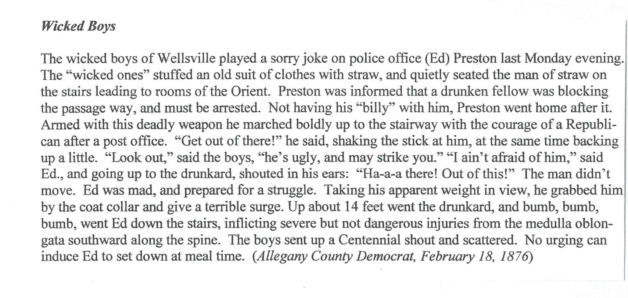 Wellsville NY Historical Society News From 1876 The Wicked Boys THE