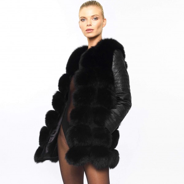 Black Fur Jacket with leather sleeves "Vogue" Size S / 36