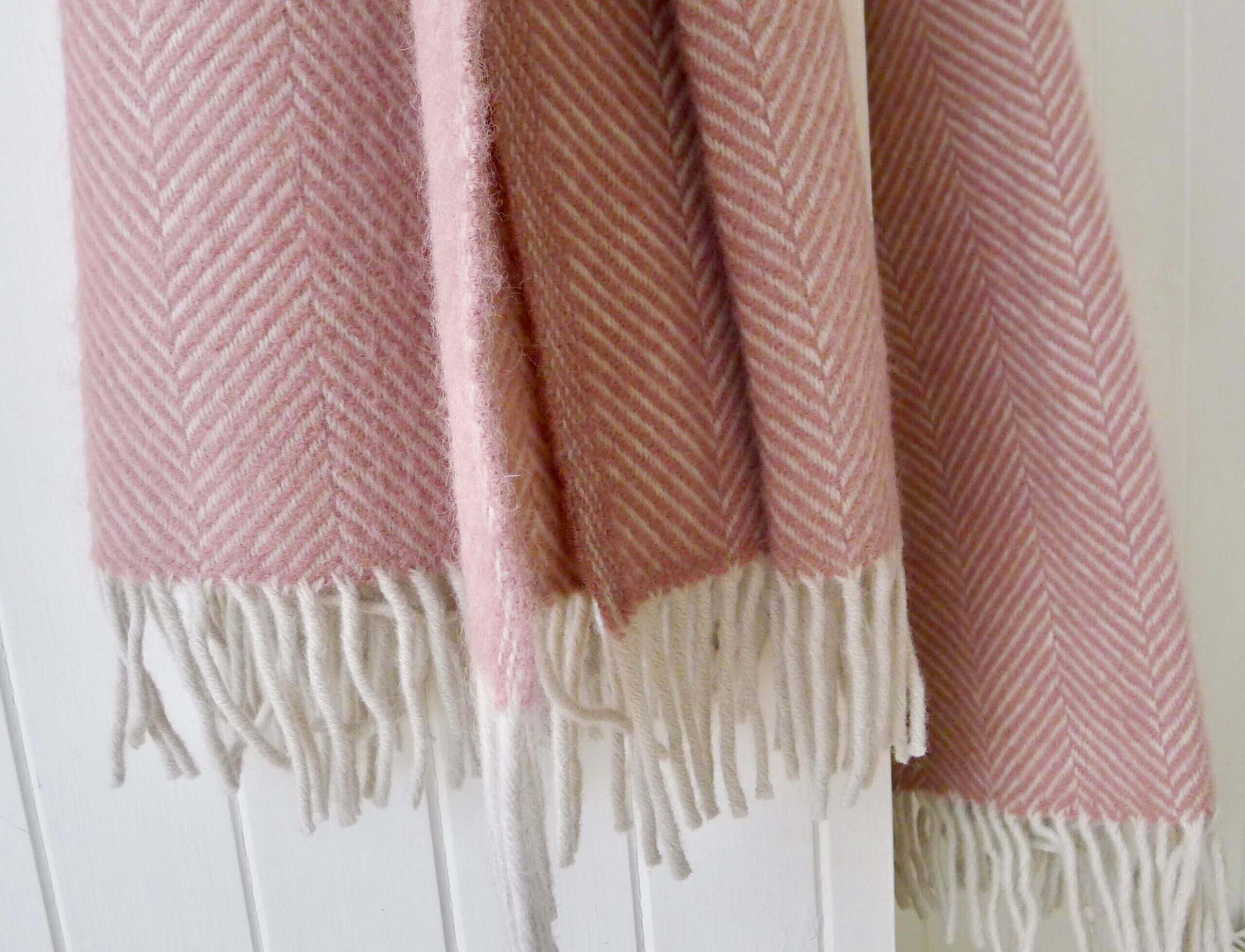 Dusky Pink & Pearl Herringbone Pure Wool Throw Wild Wool