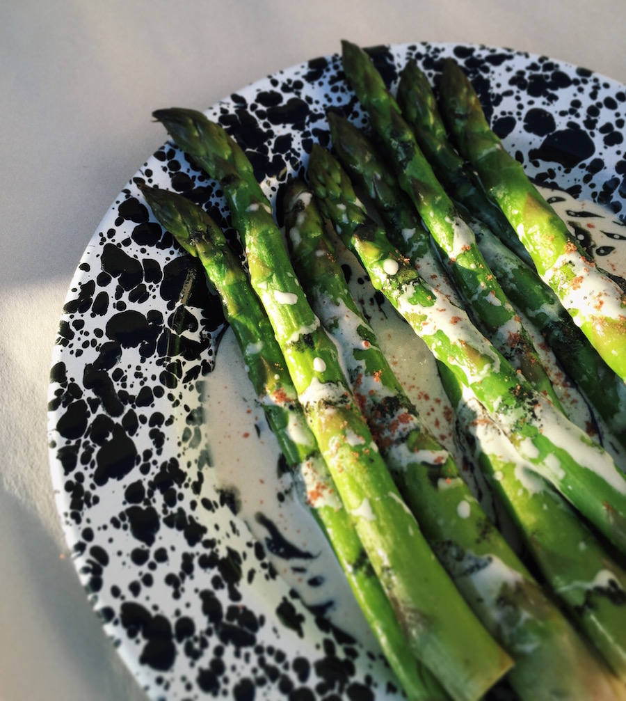 Steamed Asparagus with Tahini Dressing and Black Sesame Oil weREWILD
