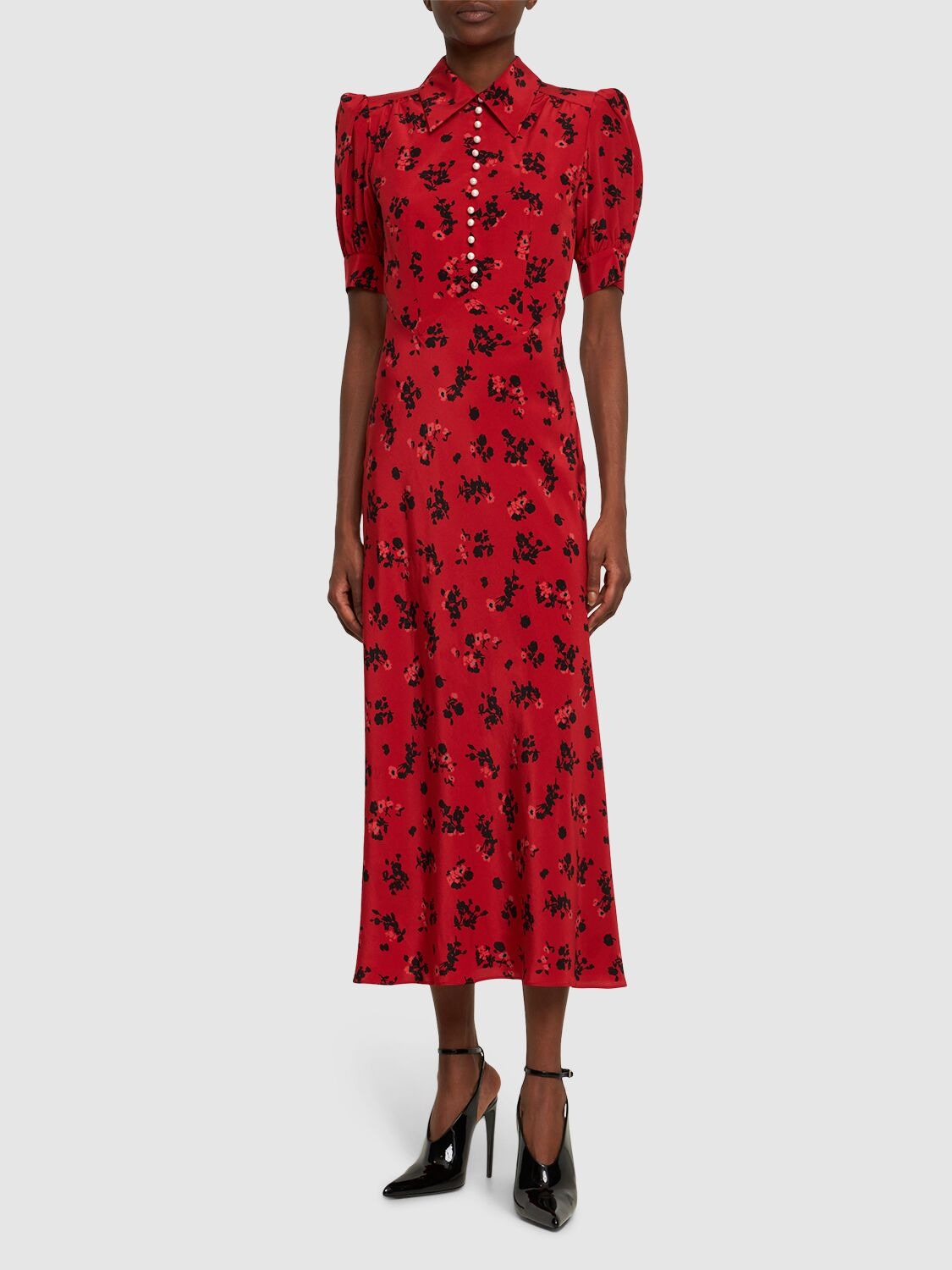 ALESSANDRA RICH Printed Silk Short Sleeve Long Dress We Select Dresses