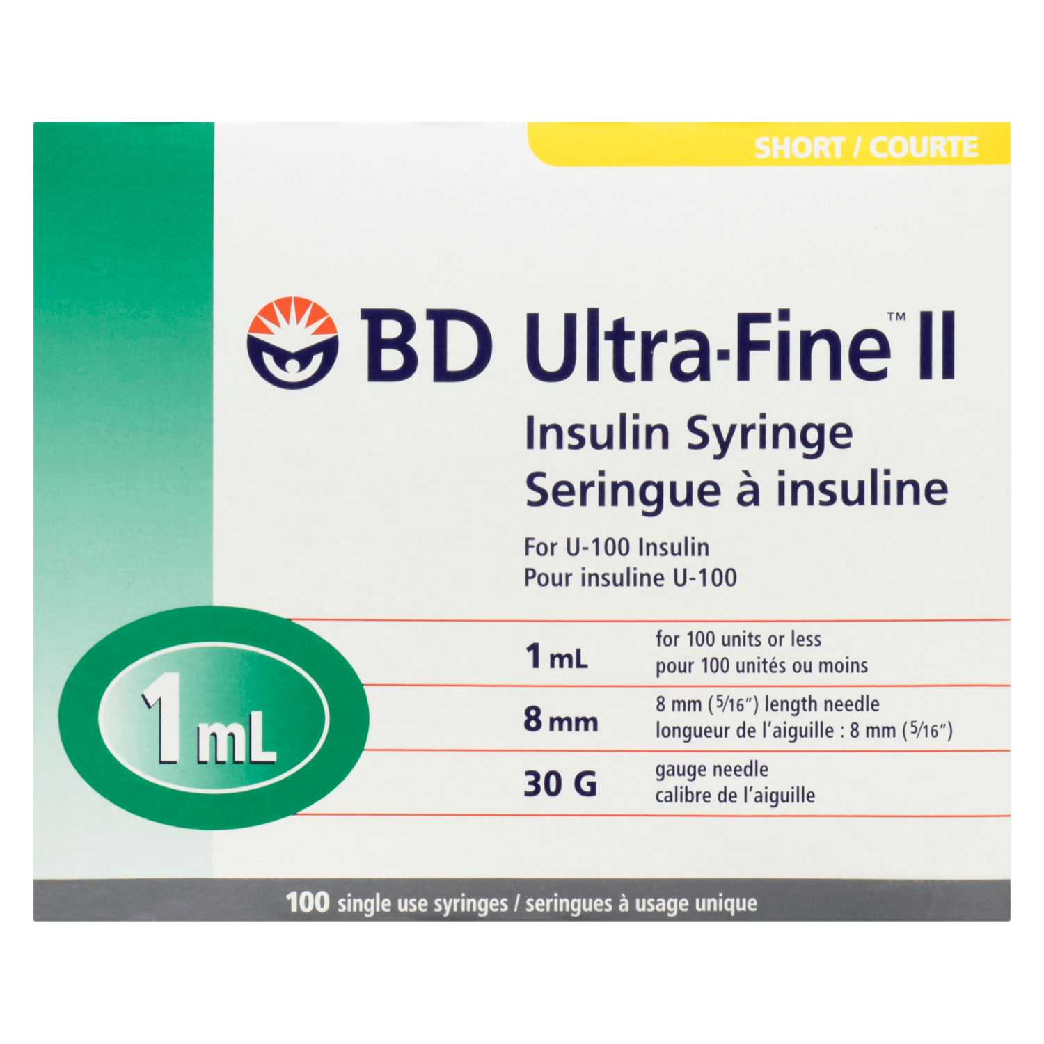 BD UltraFine II Insulin Syringe Short, 100 Single Use Syringes