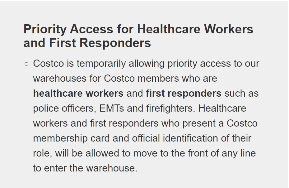 Costco Canada Priority Access for Healthcare Workers and First
