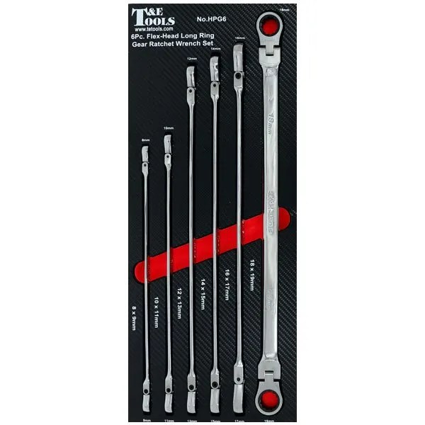 6Pc. 8mm to 19mm Flex Head Long Ring Gear Ratchet Wrench Set Western