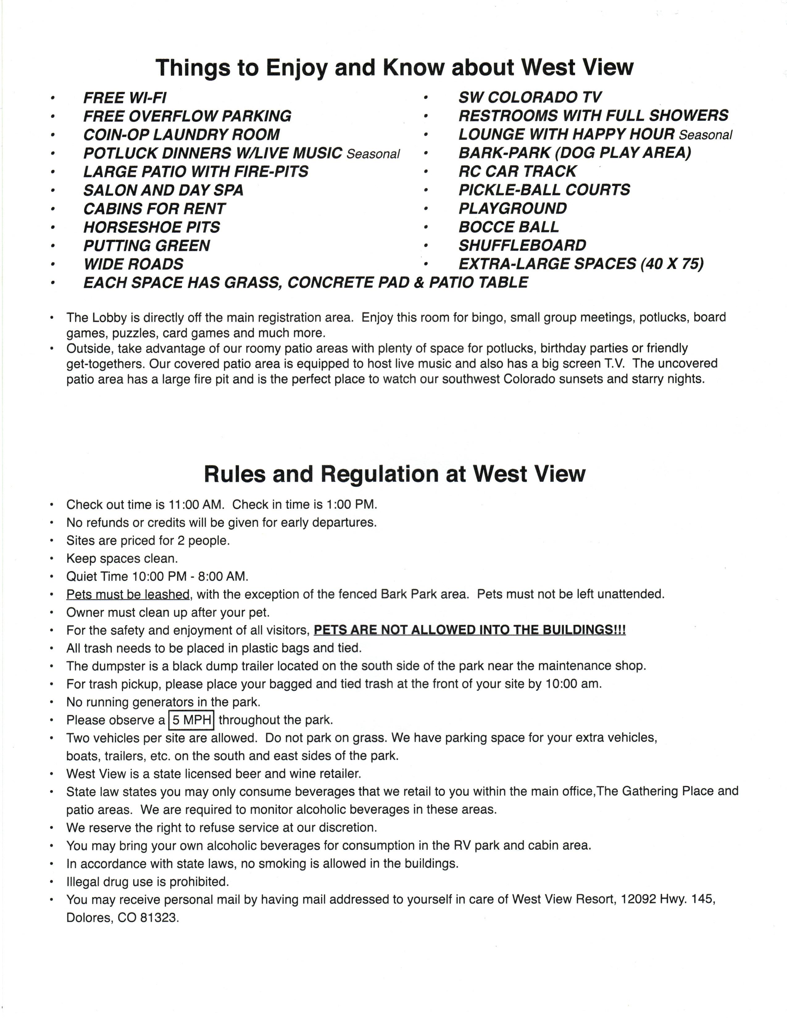WestView RV Resort Resort Map & Directions