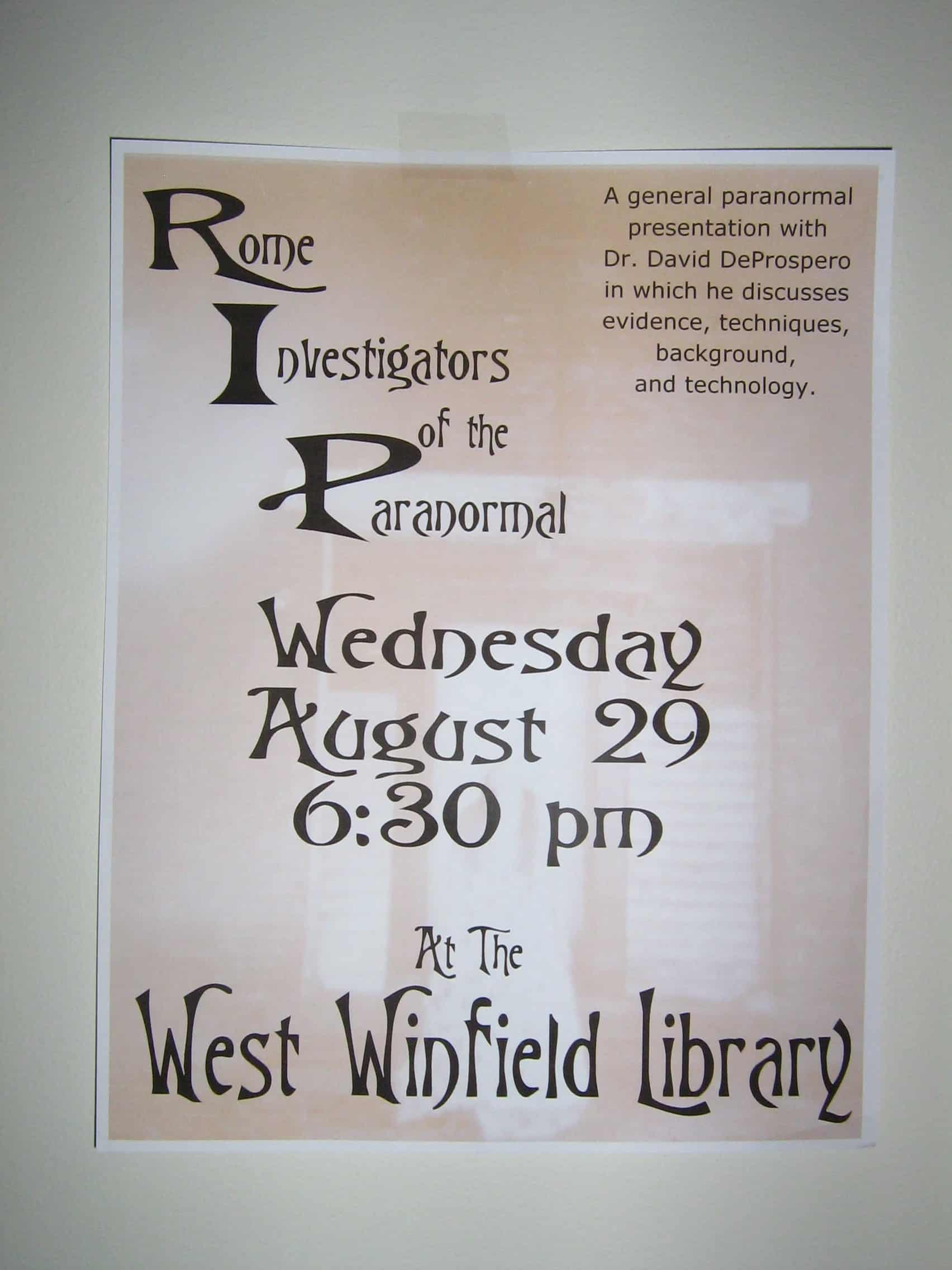 Rome Investigators of the Paranormal West Winfield Library