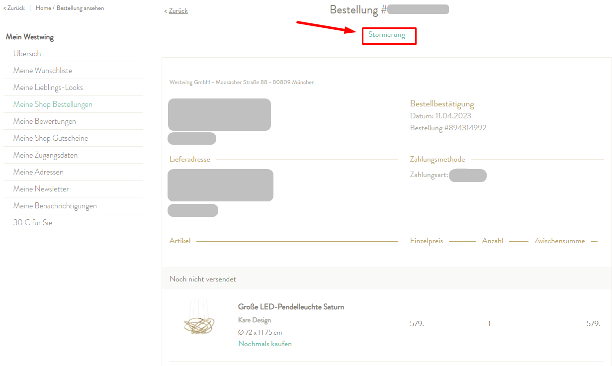 Artikel stornieren Westwing