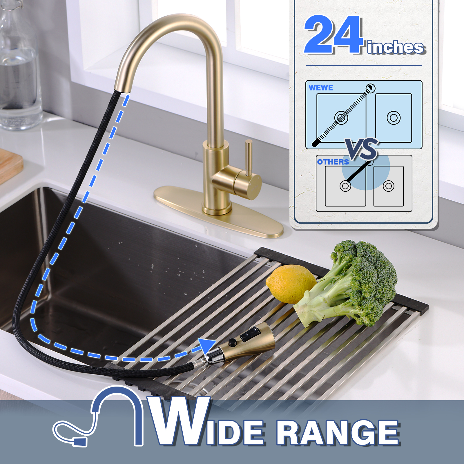 Brushed Gold Kitchen Faucet with Pull Down Sprayer WEWE, Single Handle