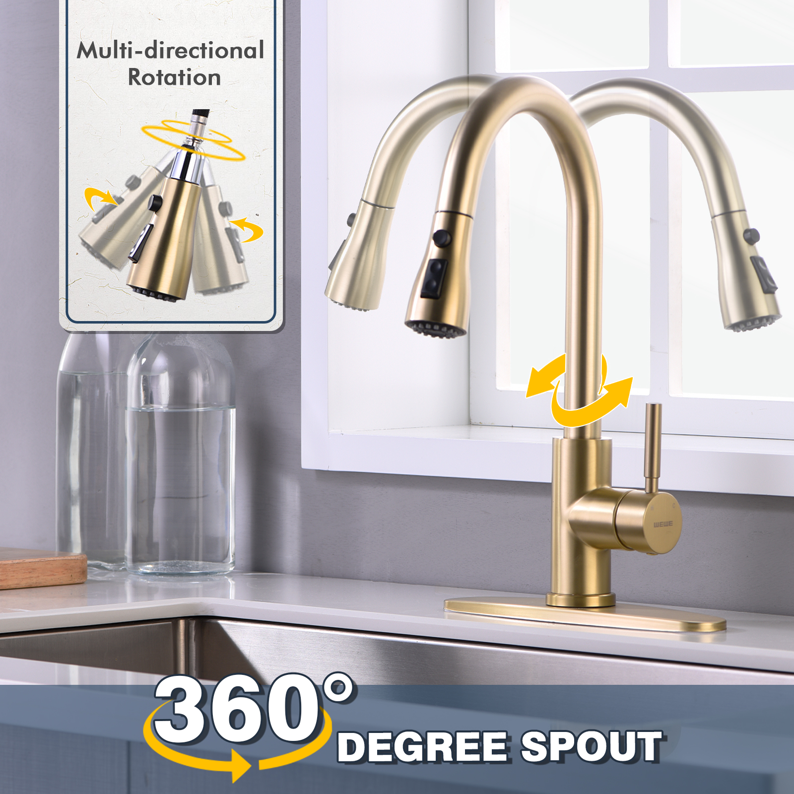 Brushed Gold Kitchen Faucet with Pull Down Sprayer WEWE, Single Handle