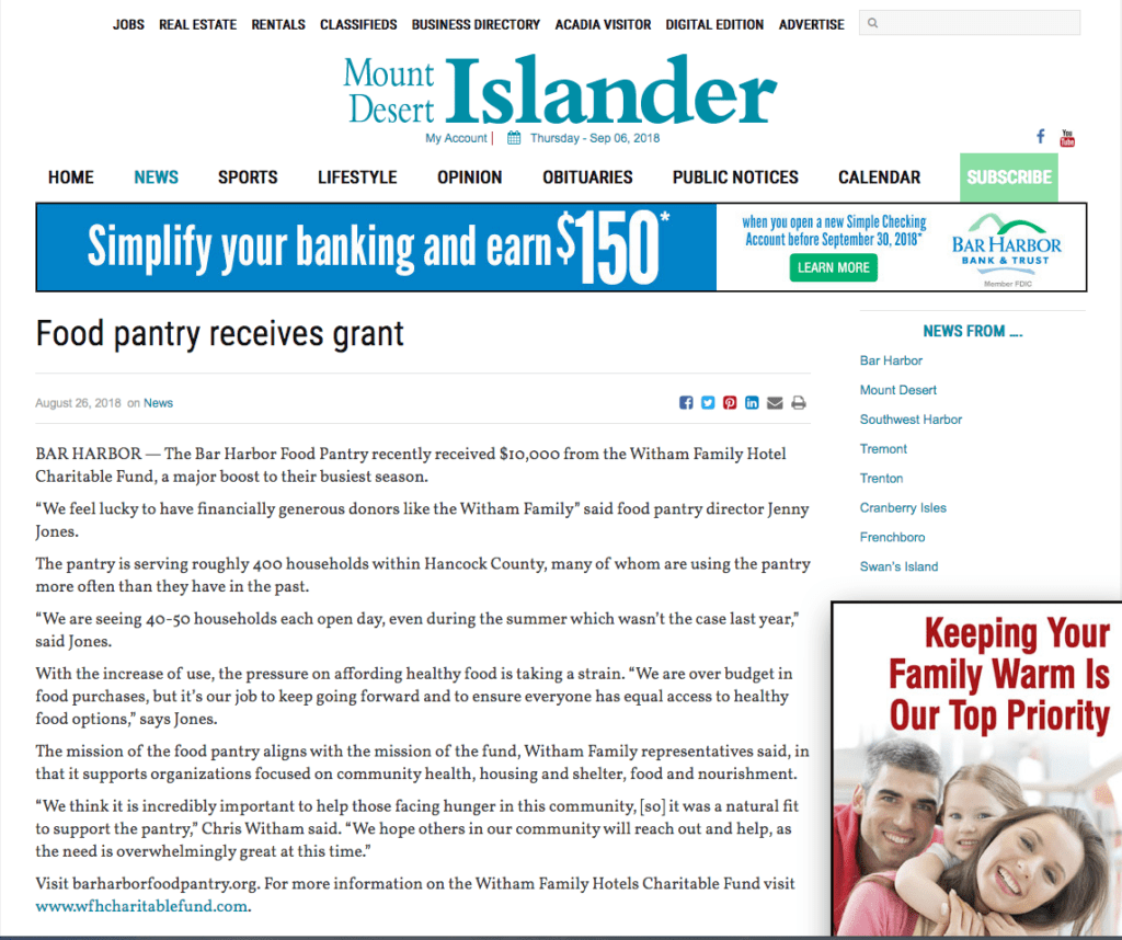 Bar Harbor Food Pantry Receives Grant Charitable Fund